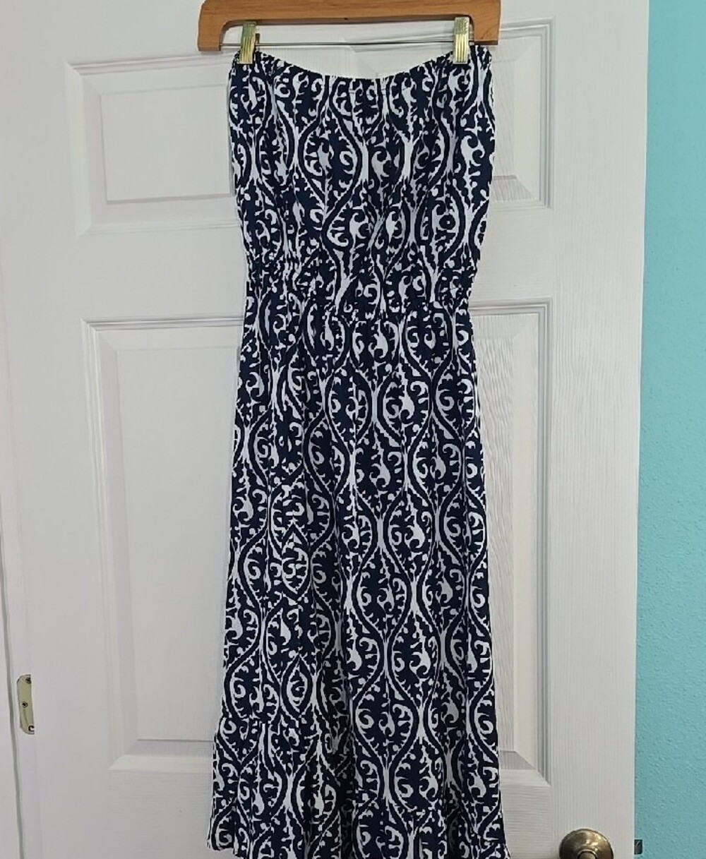 Escapada Navy and White Scroll-Print Strapless Dress